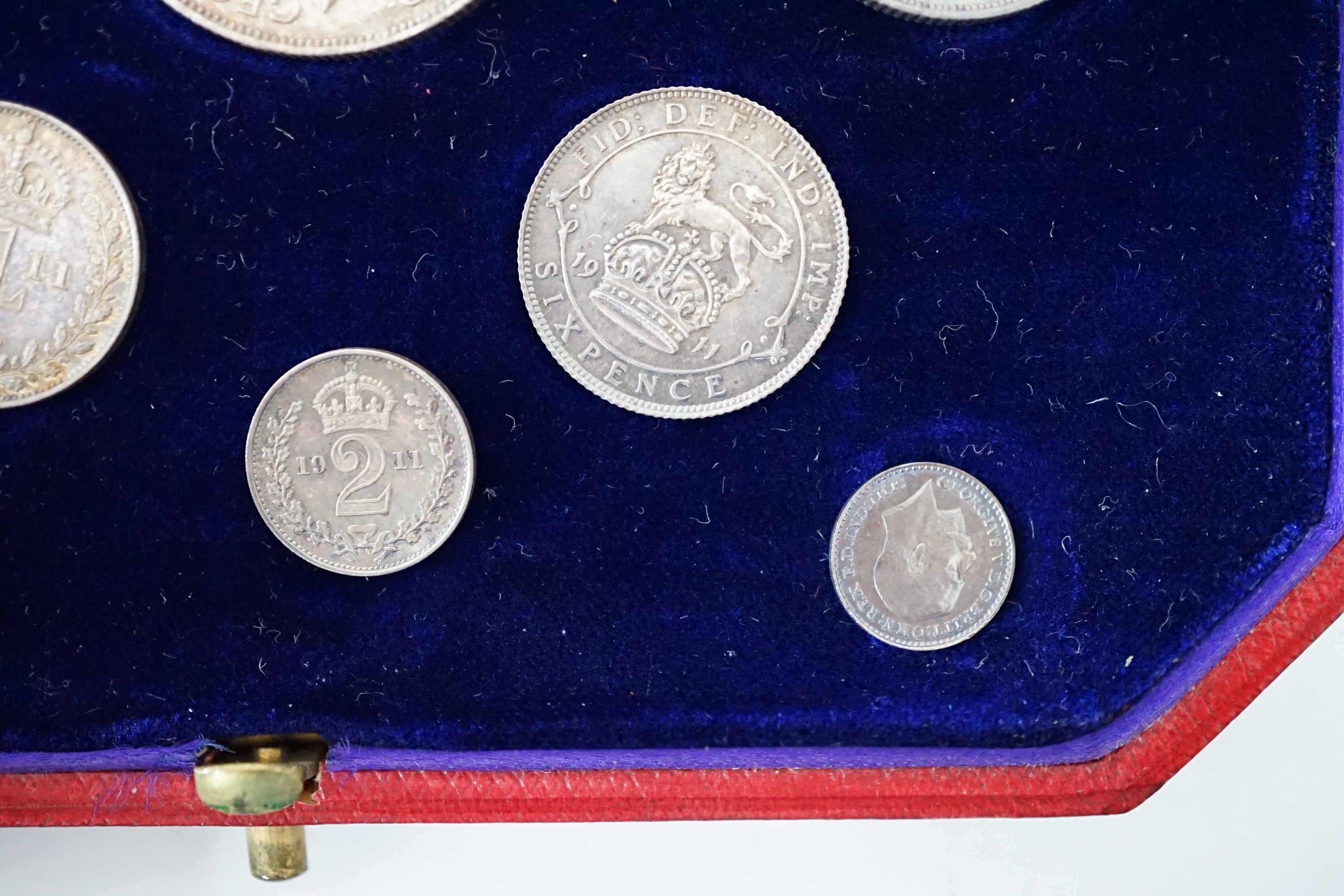 British Silver Coins, George V coronation specimen eight coin set, 1911, ranging from halfcrown to maundy penny, in case of issue